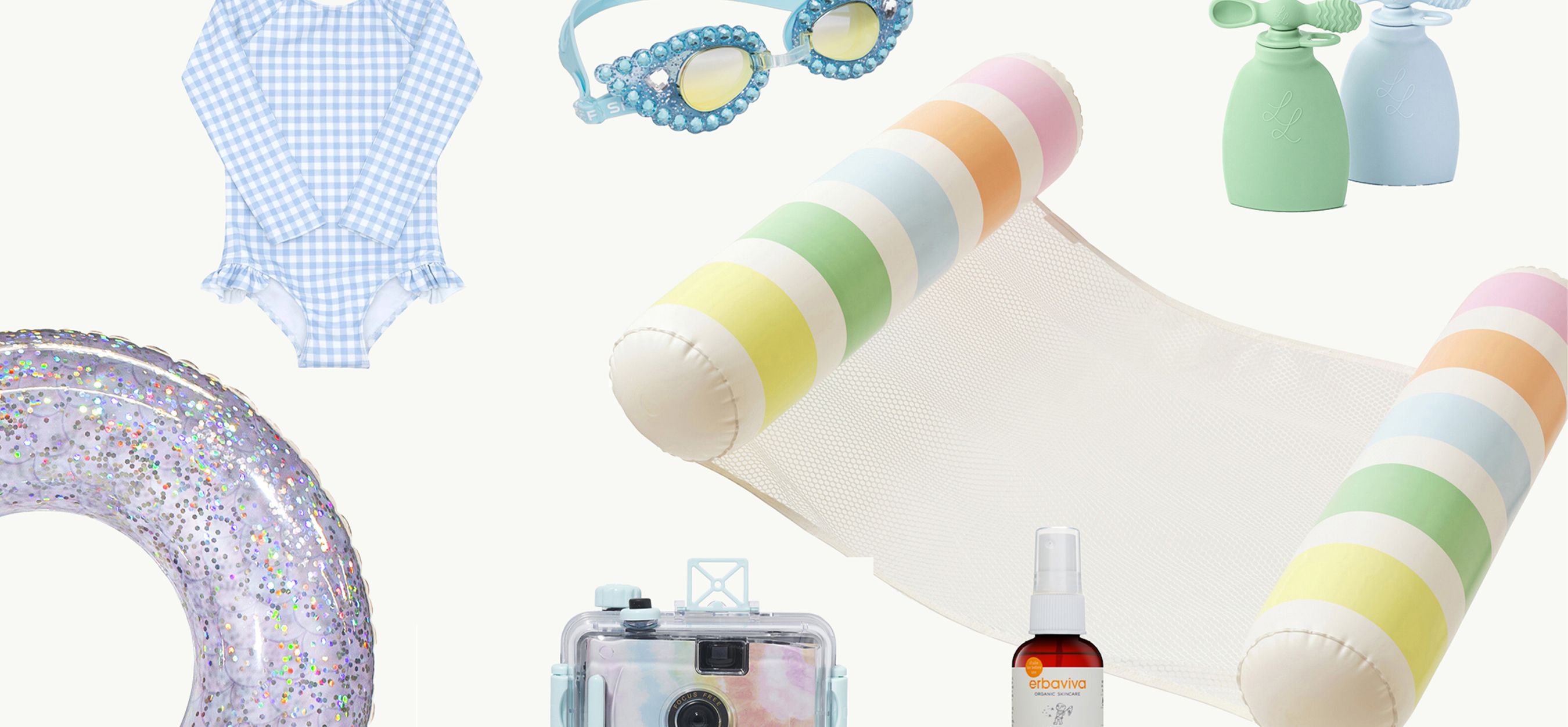 A collage of trendy cute summer essentials for kids like pool toys and snack cups.
