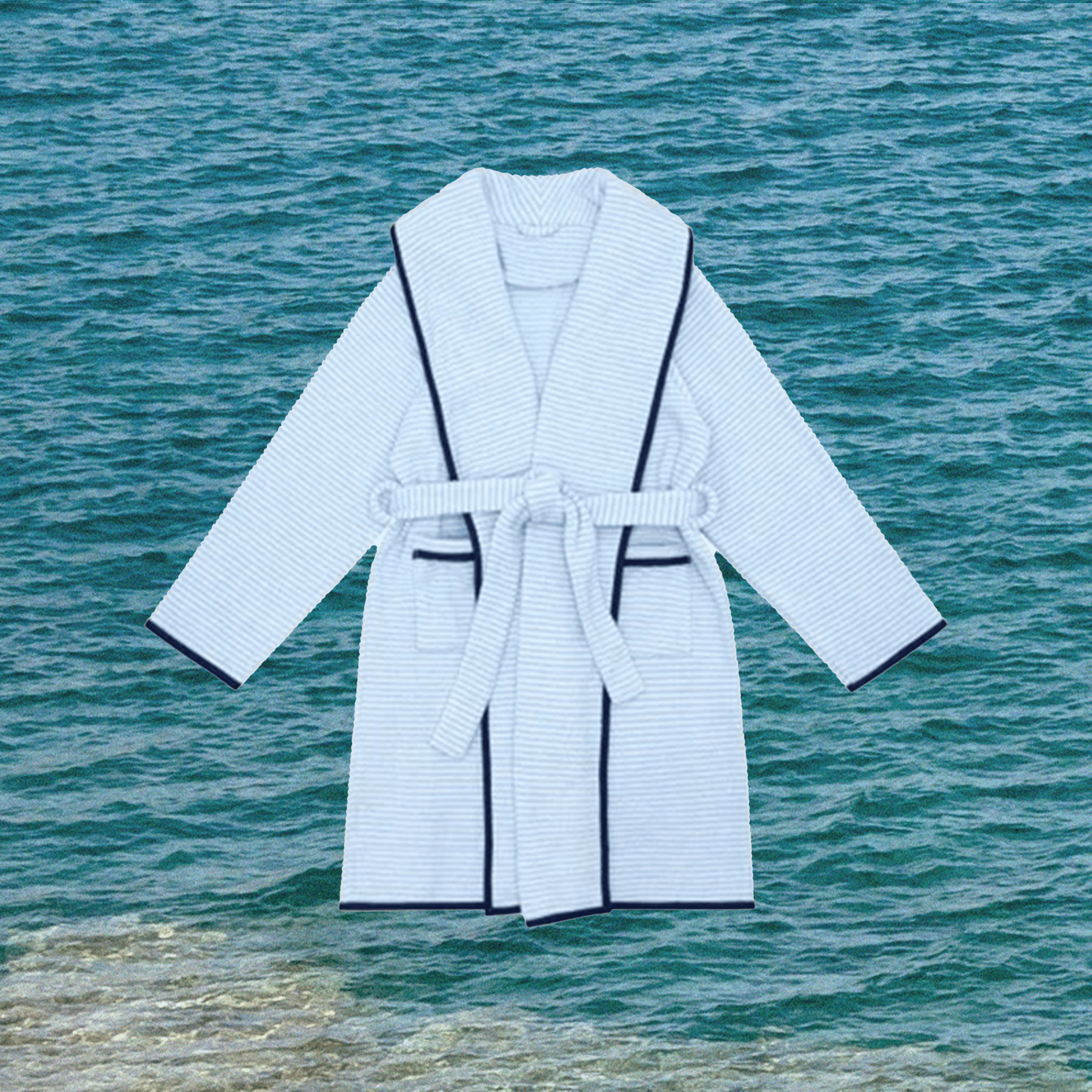Monogrammable Hooded Terry Robe with navy piping from CeCe DuPraz