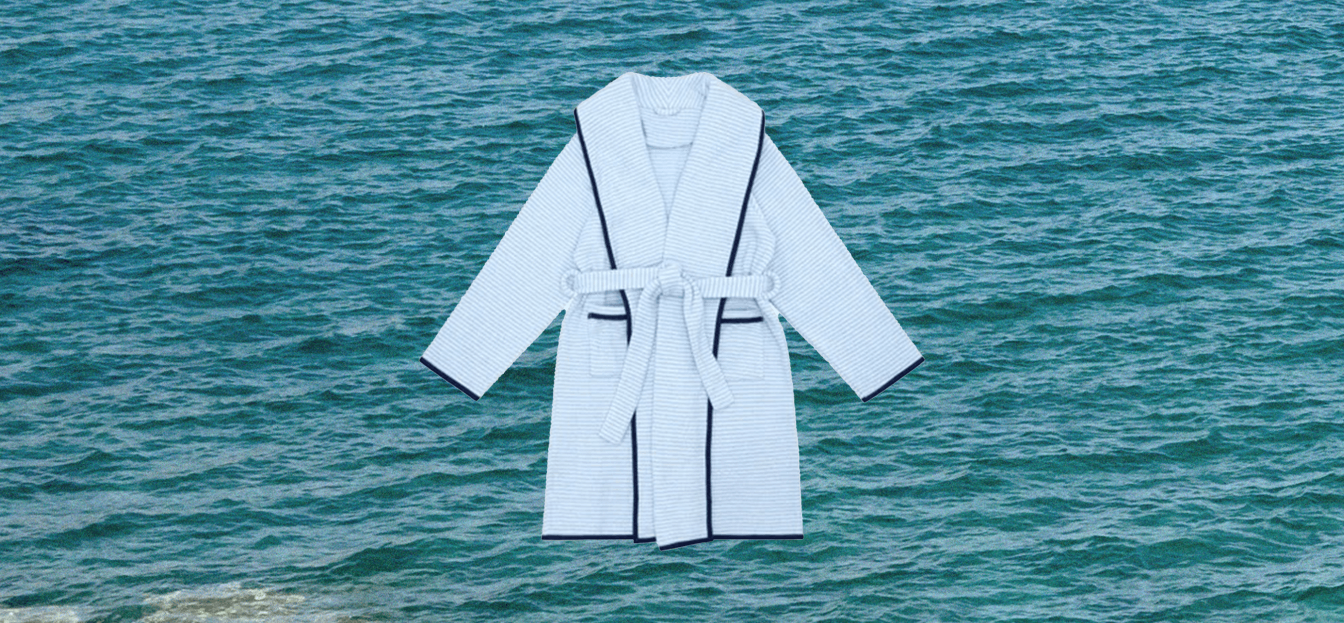 Monogrammable Hooded Terry Robe with navy piping from CeCe DuPraz