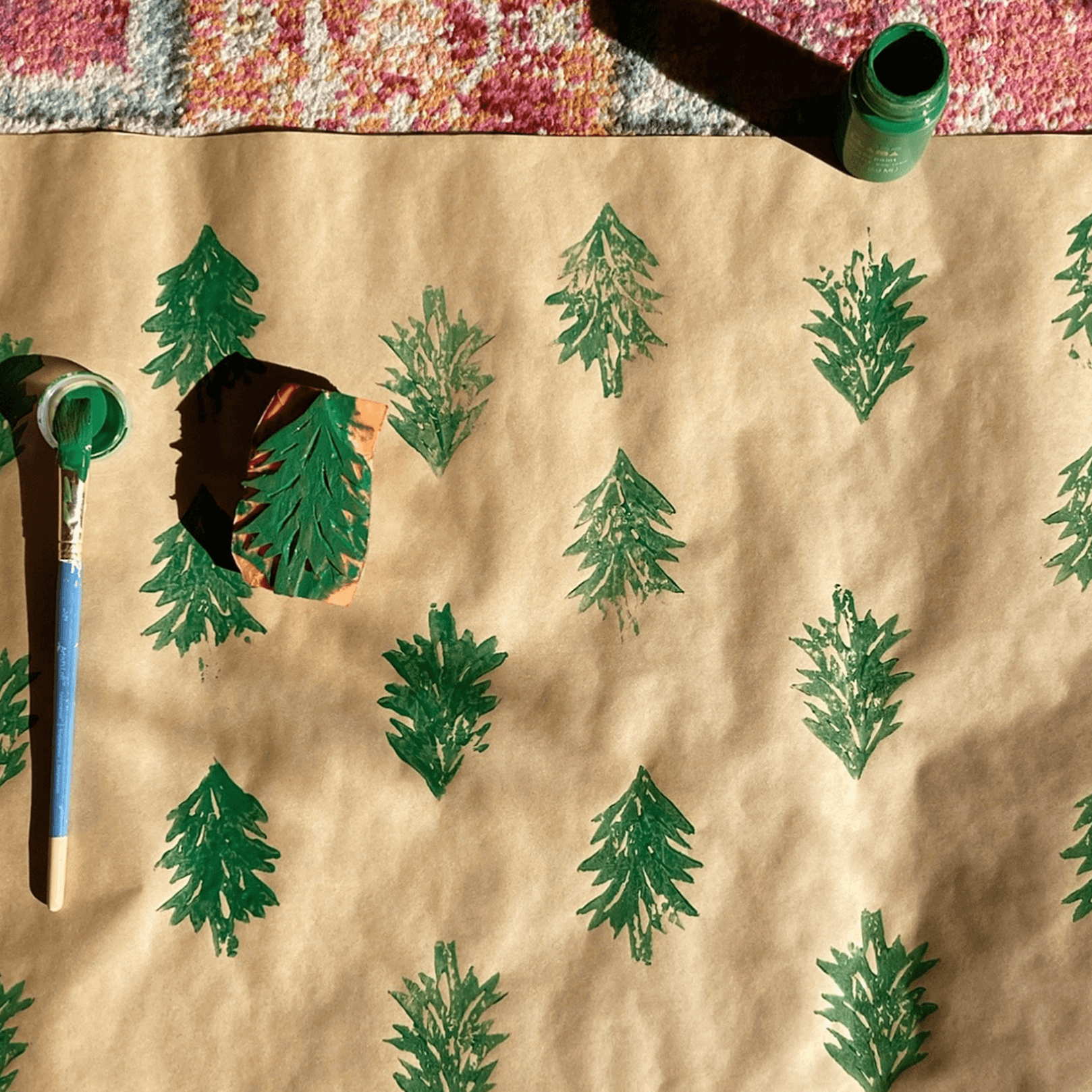 printmaking with a potato print Christmas tree