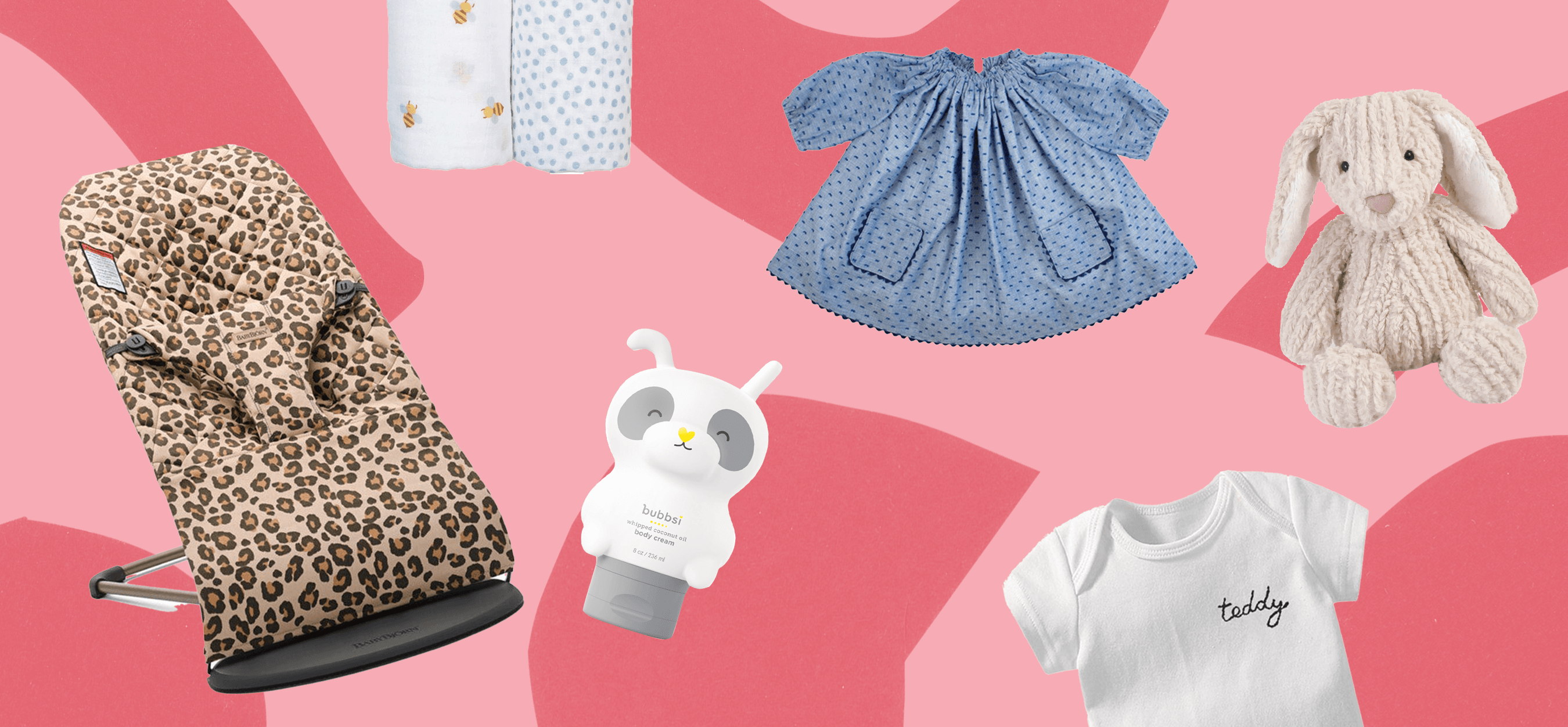 assortment of gifts for newborns like onesies and blankets