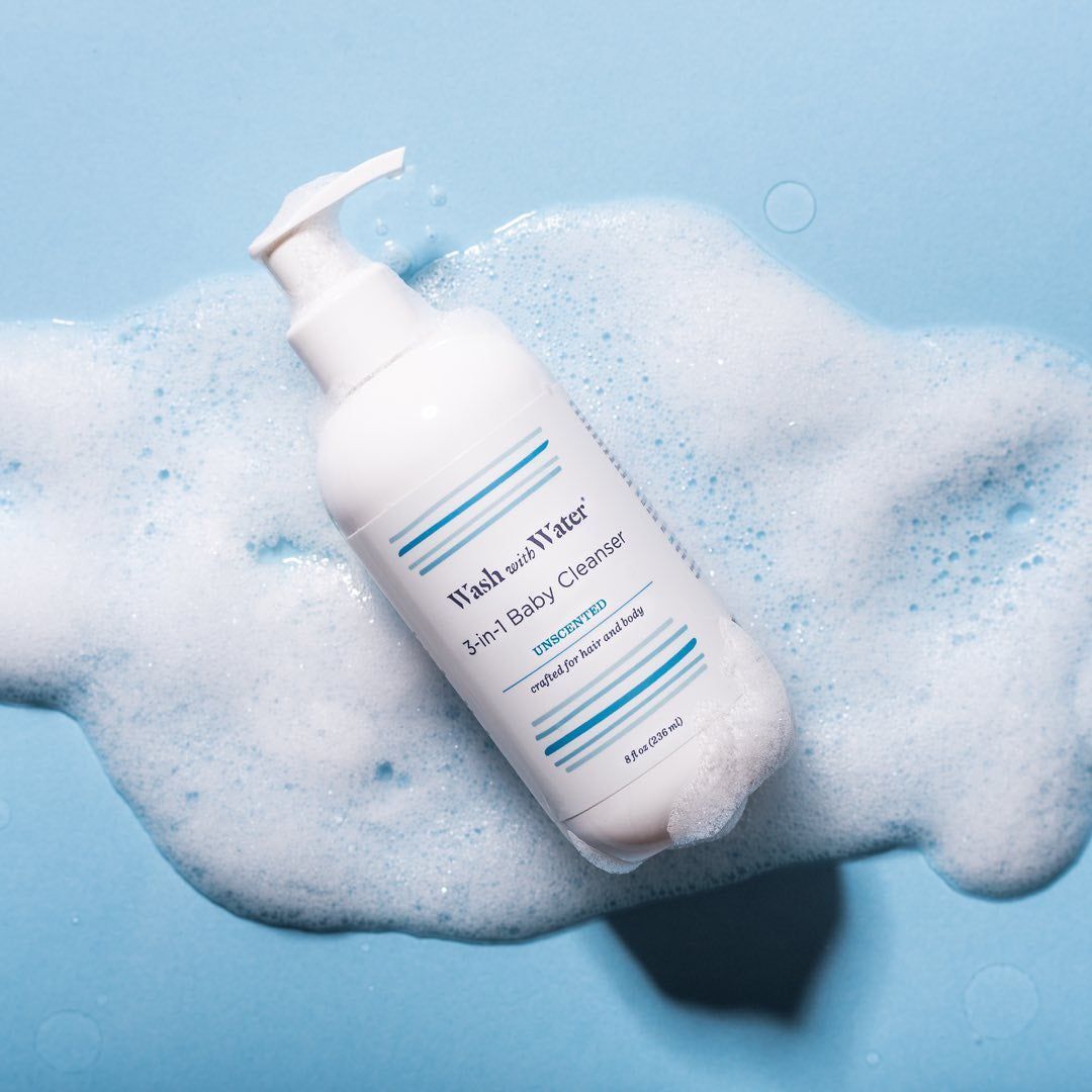Image of wash with water 3-in-1 baby cleanser on soap suds