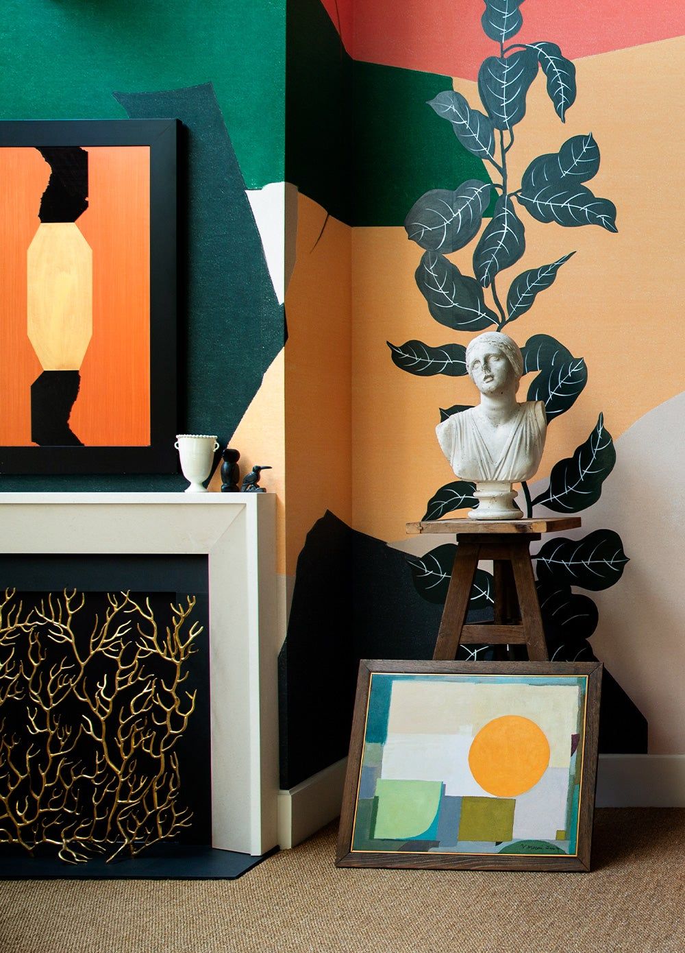 graphic painting over a fireplace