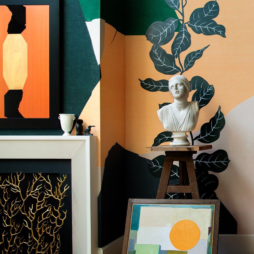 graphic painting over a fireplace
